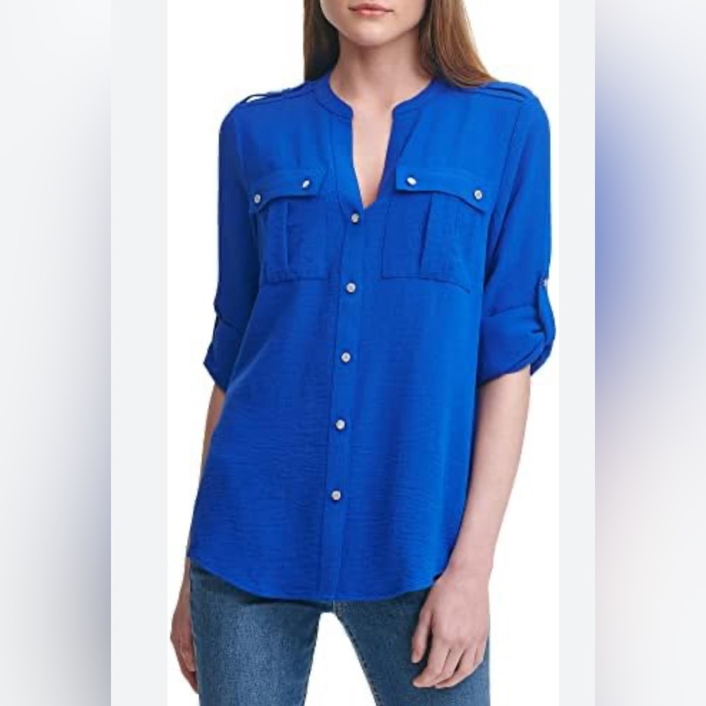 NWT Calvin Klein Women's Rayon Button Up Long Roll Sleeve Blouse size 0X